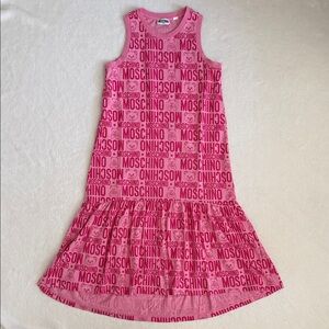 Moschino Teen | Allover Logo Teddy Bear Print Dropped Waist Cotton Dress Pink 14